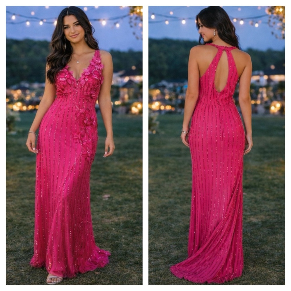 Hot Pink Floral Sequined Prom Gown - Picture 4 of 16